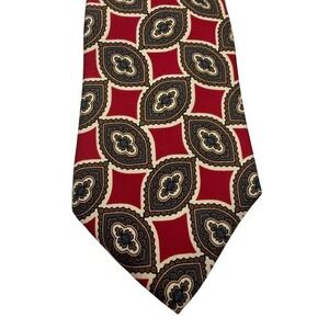 Vintage Liberty of London Mens Silk Tie Red Cream Navy Geometric Medallion USA
